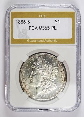 1886-S MORGAN SILVER DOLLAR. PGA MS 65. PROOF LIKE. ESTIMATE: $1250-$1500