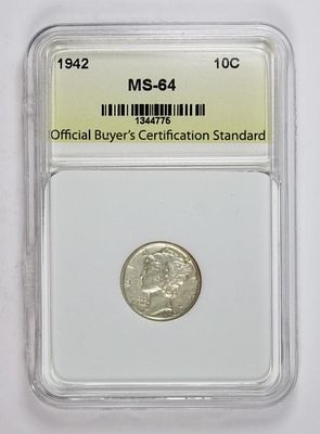 1942 MERCURY SILVER DIME. OBCS MS 64. ESTIMATE: $50-$75