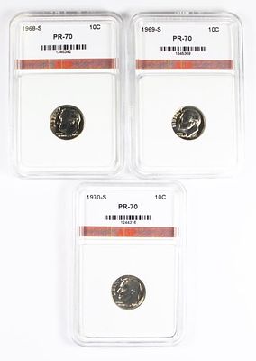 1968-S, 1969-S AND 1970-S ROOSEVELT DIMES. AGP GRADED PR 70. ESTIMATE: $100-$150