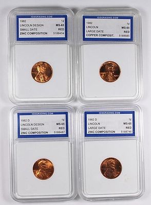 (4) 1982 LINCOLN CENTS. IGS GRADED. (2) 1982 AND (2) 1982-D. ALL ARE MS 65 RED. SMALL AND LARGE 