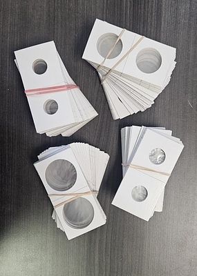 GROUP LOT OF CARDBOARD COIN FLIPS. (50) DIME, (50) HALF DOLLAR, (50) PENNY AND (50) QUARTER. 