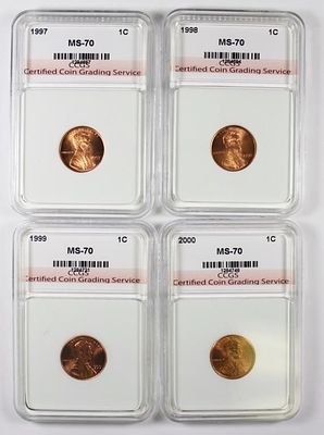 1997-2000 LINCOLN CENTS. CCGS MS 70. REDS. ESTIMATE: $100-$150