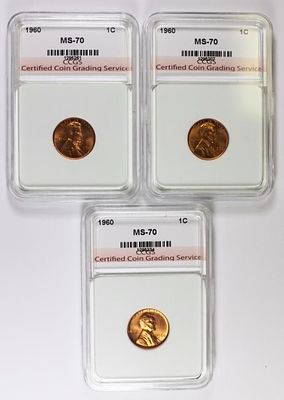 (3) 1960 LINCOLN CENTS. CCGS MS 70. RED. ESTIMATE: $75-$100