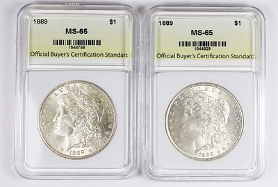(2) 1889 MORGAN SILVER DOLLARS. OBCS MS 65. SUPERB WHITE GEMS! ESTIMATE: $250-$350