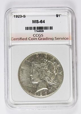 1923-S PEACE SILVER DOLLAR. BLAST WHITE! CCGS GRADED MS 64. ESTIMATE: $200-$250