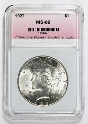 1922 PEACE SILVER DOLLAR. PNA GRADED MS 66. SUPERB GEM! BLAST WHITE! STRONG LUSTRE! ESTIMATE: 