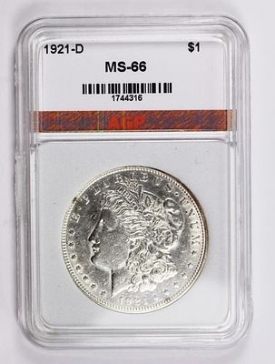 1921-D MORGAN SILVER DOLLAR. AGP GRADED MS 66. BLAST WHITE WITH LUSTRE! ESTIMATE: $300-$400