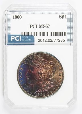 1900 MORGAN SILVER DOLLAR. RAINBOW TONING. PCI MS 67. DEEP TONED OBVERSE WITH BLAST WHITE 