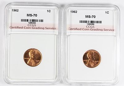 (2) 1962 LINCOLN CENTS. CCGS MS 70. REDS. ESTIMATE: $50-$75