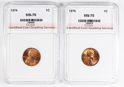 1974 AND 1975 LINCOLN CENTS. CCGS MS 70 REDS. ESTIMATE: $50-$75