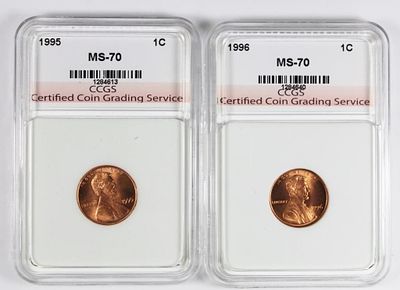 1995 AND 1996 LINCOLN CENTS. CCGS MS 70. REDS. ESTIMATE: $50-$75