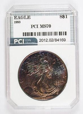 1993 AMERICAN SILVER EAGLE. PCI MS 70. DARK TONED OBVERSE WITH SUPERB BLAST WHITE REVERSE. 