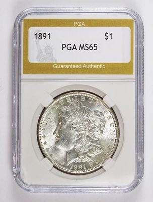 1891 MORGAN SILVER DOLLAR. PGA MS 65. SUPERB BLAST WHITE! ESTIMATE: $50-$75
