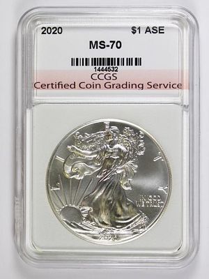 2020 AMERICAN SILVER EAGLE. CCGS MS 70. BLAST WHITE! SUPERB GEM BU! ESTIMATE: $100-$150