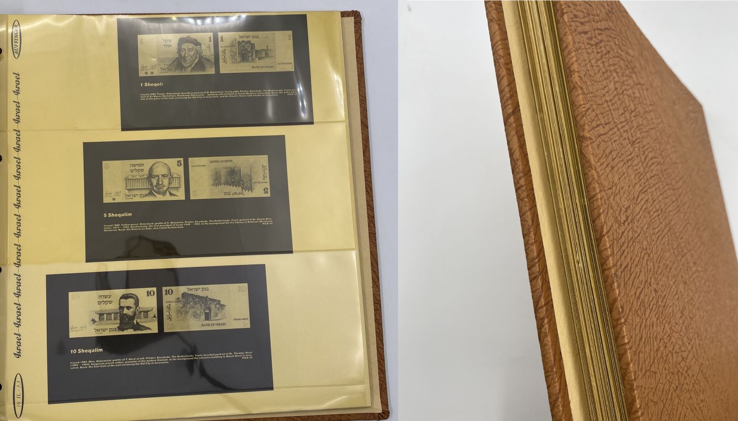 Album - for collecting Israeli banknotes "AUFFINGER ALBUM" - The album contains a picture of the banknote and ...