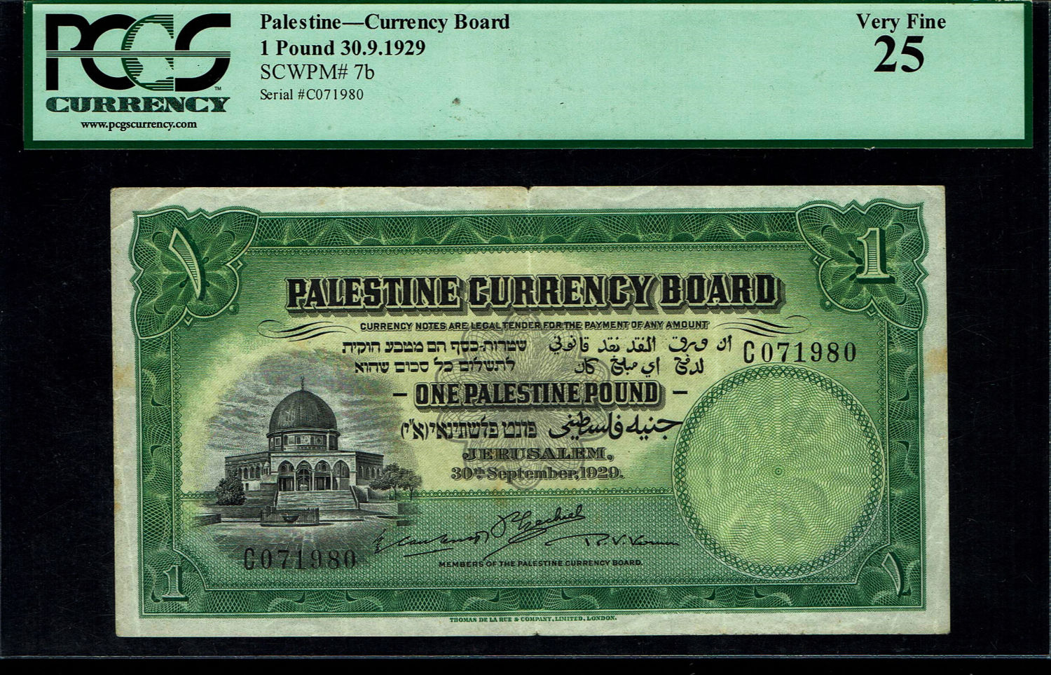 Palestine - 1 pound 1929 - PCGS 25 - Prefix C
In 1917, the British conquered Israel from the Ottomans ...