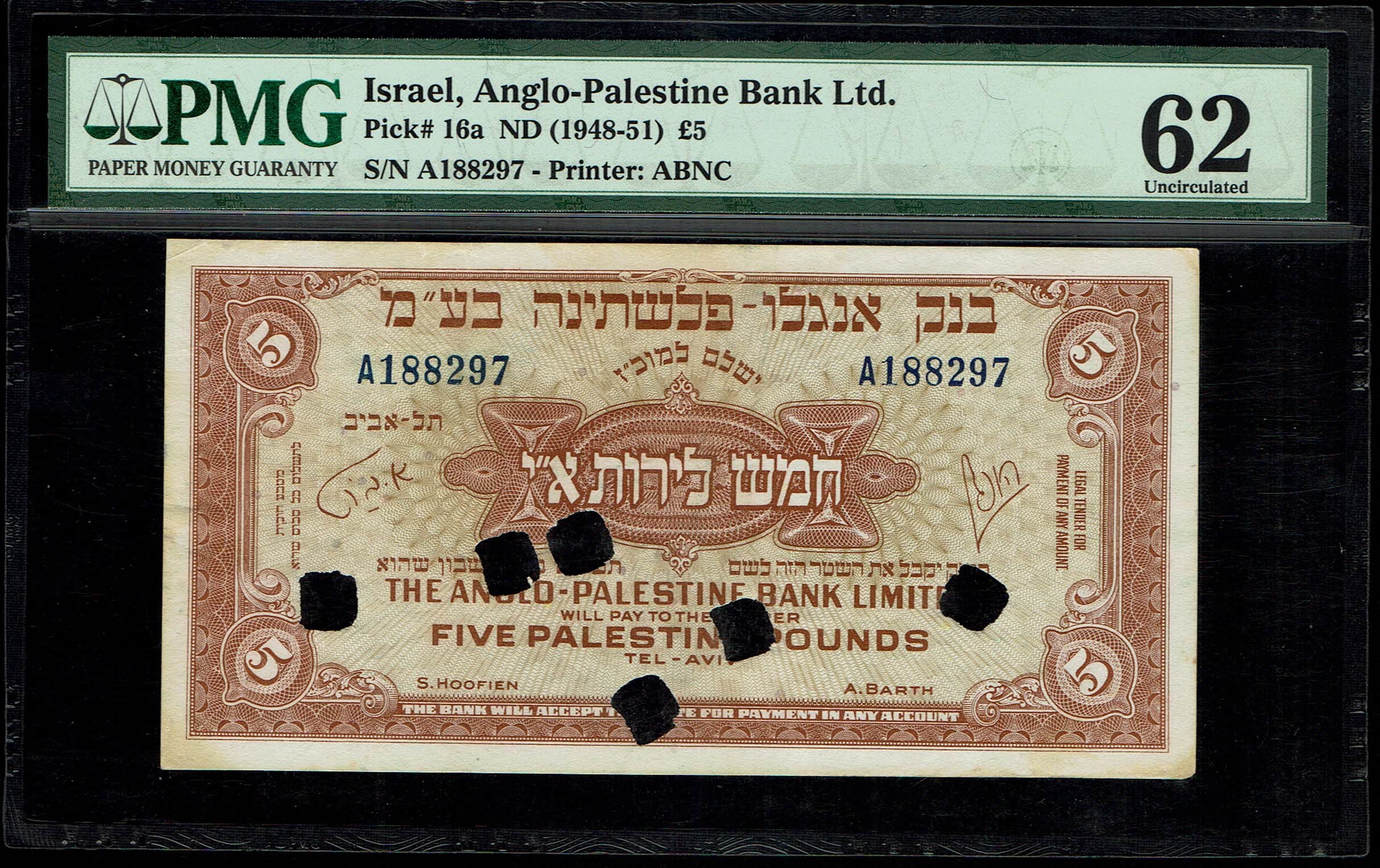 Israel - 5 Pounds 1948 - Anglo Palestine - PMG 62 - Prefix A - Canceled note, with cancellation holes, highest ...