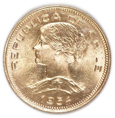 Chile - 100 Pesos 1954 - Gold .900, 20.32g, 31mm
. Only 10% Commission + VAT on this item 
A 