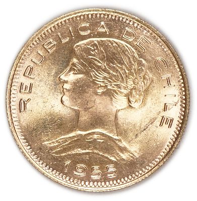 Chile - 100 Pesos 1955 – Gold .900, 20.32g, 31mm
. Only 10% Commission + VAT on this item 
A 
