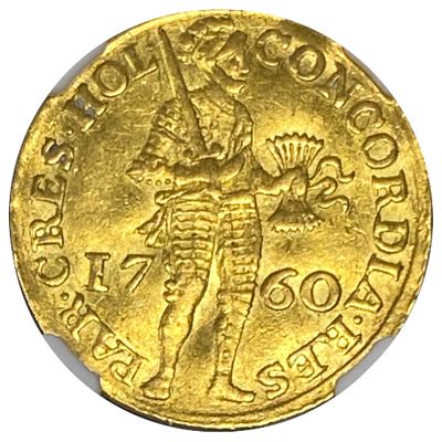 Netherland - Province of Holland - 1 Ducat 1760 - NGC AU 53 - 986 gold, 3.49g, 21.8mm
. Only 10% 