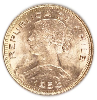 Chile - 100 Pesos 1953 - Gold .900, 20.32g, 31mm
. Only 10% Commission + VAT on this item 
A 