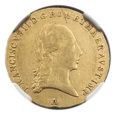 Austria - 1 Ducat 1806 A - Franz II - NGC AU DETAILS - Gold 986, 3.49g, 21mm 
Obverse 
Lureate 