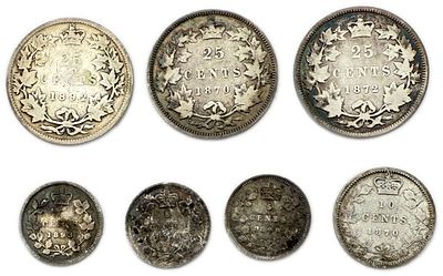 Canada - Lot of 7 Silver coins of 5, 10 and 25 Cents 1870, 1872, 1892, 1893, 1899 - Silver 925 