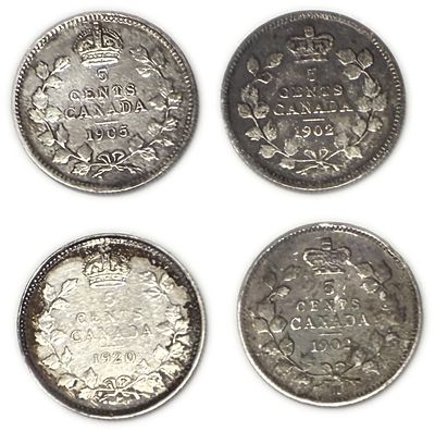 Canada - Lot of 4 Silver coins of 10 Cents 1902, 1905, 1920 - Silver 925, Total 4.65g (NET 4.3g 