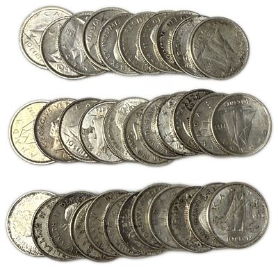 Canada - Lot of 33 Silver coins of 10 Cents, Variety of years - Silver 800, Total 76.89g (NET 