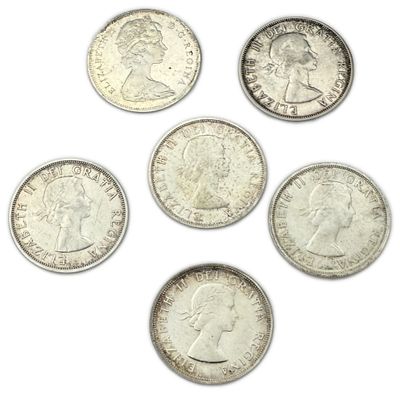 Canada - Lot of 6 Silver coins of 1 Dollar 1959, 1960, 1961, 1962, 1964, 1965 - Elizabeth II 