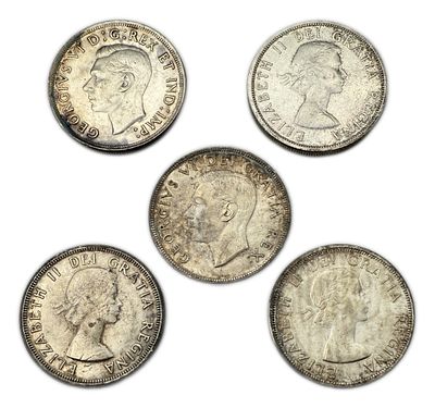 Canada - Lot of 5 Silver coins of 1 Dollar 1939, 1952, 1953, 1957, 1958 - Silver 800, Total 