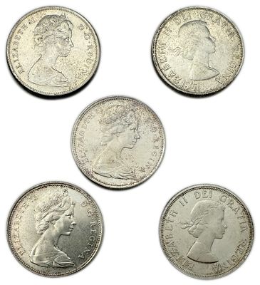 Canada - Lot of 5 Silver coins of 1 Dollar 1963, 1964, 1965, 1966, 1967 - Elizabeth II 1st 
