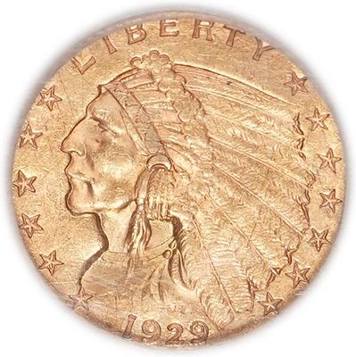 ארצות הברית - 2.5 דולר זהב Indian Head Quarter Eagle, שנת 1929 - זהב 900, 4.18 גרם (כ-3.76 גרם 