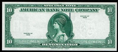 ארצות הברית - American Bank Note Company - שטר דוגמה Specimen של 10 Denomination, סדרת 1929
. שטר 