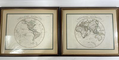 Joseph Meyer, "Westliche Halbkugel & Destliche Halbkugel" Pair of framed antique maps titled 