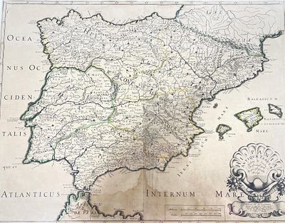 Nicholas Sansone, "Hispania Antiqua Tabula" A framed antique map titled 'Hispania Antiqua 