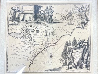Arnold Montanus, "Virginae Partis Australis Et Florida" A framed antique map depicting the 