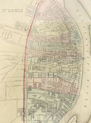 S. Augustus Mitchell, "St. Louis" A framed vintage map of St. Louis, showcasing detailed street 