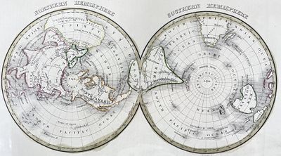 G.W. Boynton, "Northern and Southern Hemispheres" A framed print depicting maps of the Northern 