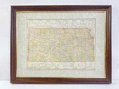 Rand, McNally & Co., "Map of Kansas" A framed vintage map of Kansas, featuring detailed county 