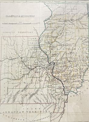 Unknown , "Illinois & Missouri Map" A framed antique map depicting the regions of Illinois and 