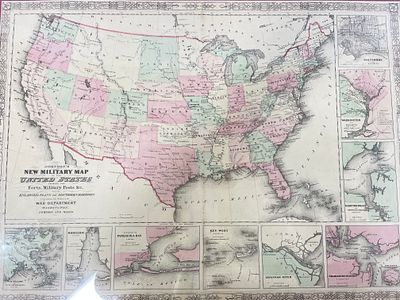 Johnson and Ward, "New Military Map of the United States" A framed antique map titled 'New 