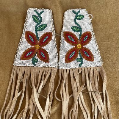 Ojibwa beaded hair ties 13" total length including fringe x 41/2" wide at bottom of beadwork. Oji 