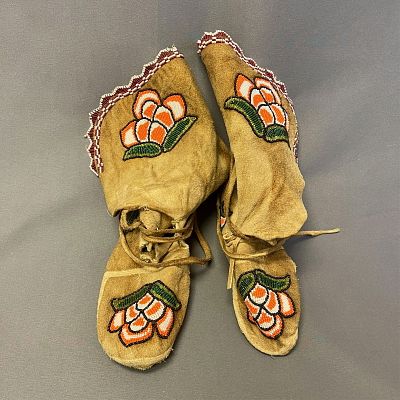 Beaded High-Top Moccasins 9 1/2" long x 4" wide x 12" high. Beaded High-Top Moccasins Beautiful 