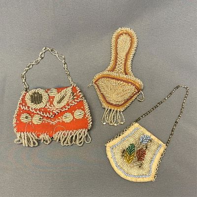 Group of 3 Antique Iroquois Beaded Items Item 1: 3 1/2" long (8 3/4" long with loops and strap) x 5