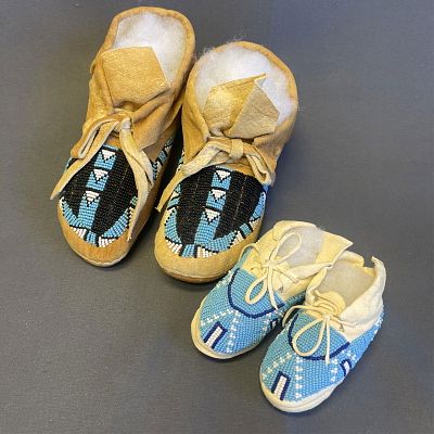 2 pair of fabulous Native American beaded moccasins ca. late 1900s 1.9"L x 31/4" H x 4" w, 2. 41/2"