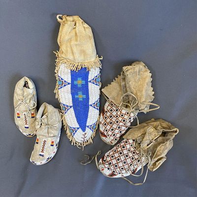 3 beaded Native American items - two pair of moccasins and a beaded pouch 1. 10 1/2" long each, 2. 