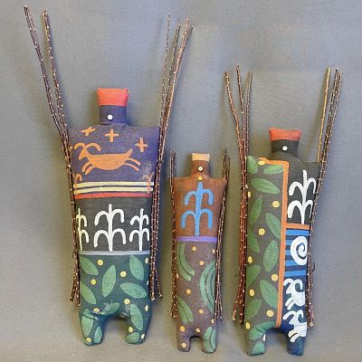 Beverly Henderson, Navajo 3 canvas spirit dolls, 1. Doll 12 1/2" long - with wood sticks: 16", 2. 