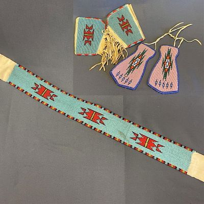 3 beaded items - cuffs, belt & hair ties for regalia - attributed to be Crow 1. 51/2" L x 41/2" W,. 