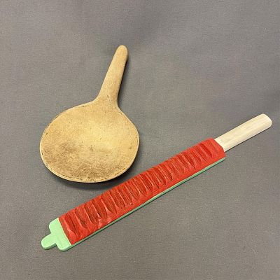 Group of 2 Wooden Native American Items Item 1: 9" long x 5 1/4" wide x 1 1/4" deep, Item 2: 14 1/4"